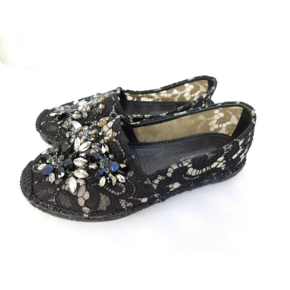 Espadrilles Dolce & Gabbana Black Embellished Crystal Lace Espadrille Flats SZ 6 - Picture 2 of 11